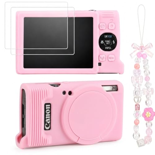Seltureone Case for Canon PowerShot ELPH 360/IXY 650 with Cute Charm Wrist Strap and Screen Protector Built-in Lens Cap Silicone Protective Cover for Canon ELPH 360 HS/IXY 650 - Pink