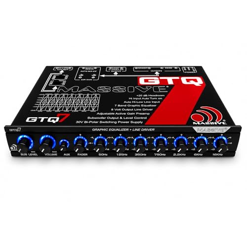 Image of Massive Audio GTQ7 | 7-Band Car Audio Graphic Equalizer - in-Dash 7V Line Driver, Adjustable Subwoofer Crossover, Dual RCA Inputs, High /Low Fader Control for Precision Sound Tuning