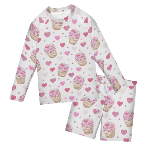 Aflyko Kids' Bathing Suit Set Pinks Silver Donut Heart Long Sleeve Swim Tops with Shorts Summer Vacation Pool Party Rashguard Fun Cute Infant Beachwear, 4T