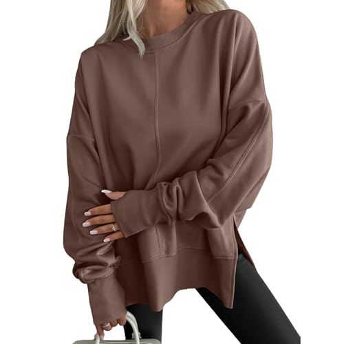 Smoneyful Womens Oversized Sweatshirts Thumbhole Long Sleeve Shirt Crewneck Sweatshirt Side Slit Pullover Tops Y2k Outfits