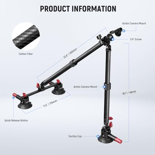 Image of NEEWER Triple Suction Cup Car Mount Kit, Carbon Fiber Camera Mount with Action Camera Adapter, NATO Rail & 24 inch /60cm Extension Pole Compatible with GoPro Insta360, 2.2lb /1kg Max Load, CA136