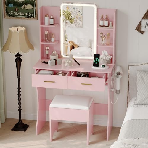 Image of Small Vanity Desk with Mirror and Lights, Makeup Vanity with LED Lights, Pink Vanity Mirror with Lighted Desk and Chair, 3 Lighting Adjustable Compact Dressing Table with Mirror for Women, Girls
