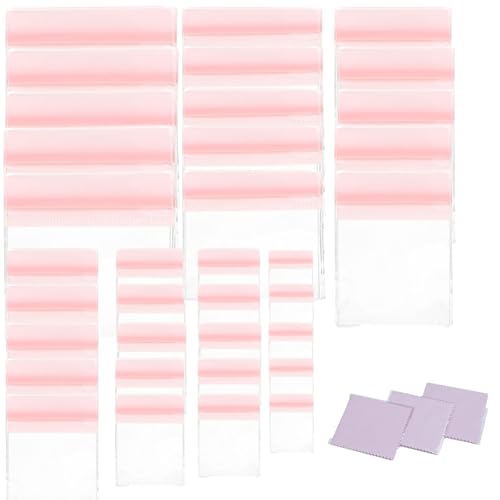 35 transparent ziplock bags, PVC anti-oxidation sealed jewe lry storage bags for jewelry necklaces and rings (7 sizes) (pink)
