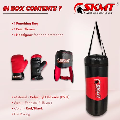 Image of SKMT Never Lose Until You Win Escobar Kids PVC Boxing Kit Filled Punching Bag, Gloves and Headgear (Red and Black, Age 2-8 Years)