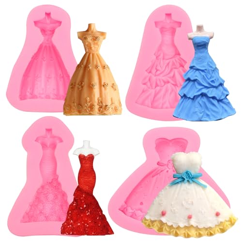 Wedding Dress Skirt Silicone Molds 4 Pcs, Skirt Candy Mold for Chocolate Cake Decoration Cupcake Topper Polymer Clay Crafts Epoxy Resin
