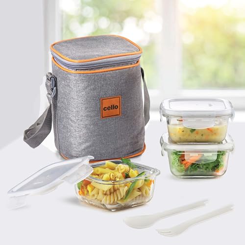 Image of CELLO Royale Glass Lunch Box Set of 3 Pcs with Jacket, Clear | Microwave & Dishwasher Safe 3 x 320ml Square Glass Containers |Leadfree, Leakproof, Airtight Clip Lock Lid Tiffin Box For Office & Travel