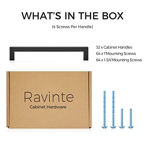 Image of Ravinte 32 Pack Stainless Steel Kitchen Cabinet Handles Matte Black Square Bar Cabinet Pulls Kitchen Drawer Handles Sleek Dresser Drawer Pulls with 7-1 /2 inch Hole Centers Flat Black Cabinet Hardware