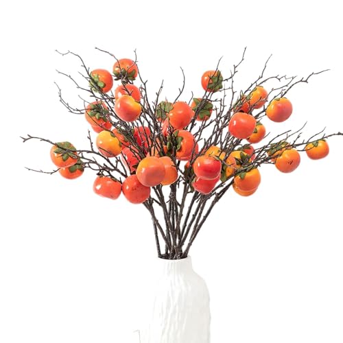 Lovmeety 4 Packs Artificial Persimmon Branches, Lifelike Simulation Fruits Orange Persimmon Stems Fake Persimmon Picks for Thanksgiving Harvest Home Office Decoration