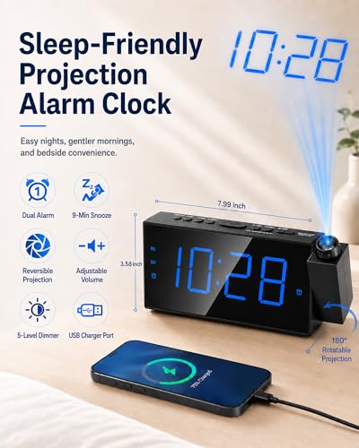Projection Alarm Clock for Bedroom Ceiling, 180° Projector, Dual Alarm - Image 2