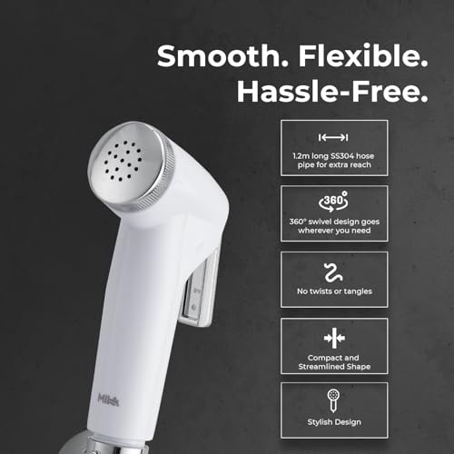 Image of Mila Health Faucet Pureflo | ABS Chrome & White Handheld Bidet Spray| with 1.2m SS304 Hose Pipe | Modern Jet Spray for Toilet Hygiene | Anti-Slip Grip, Leak-Free, Easy Install | Bathroom Fitting