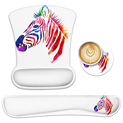 OLLM Mousepad mit Handauflage Set, Mauspad Buntes Zebramuster Gelkissen, Ergonomisches und Untersetzer Cover