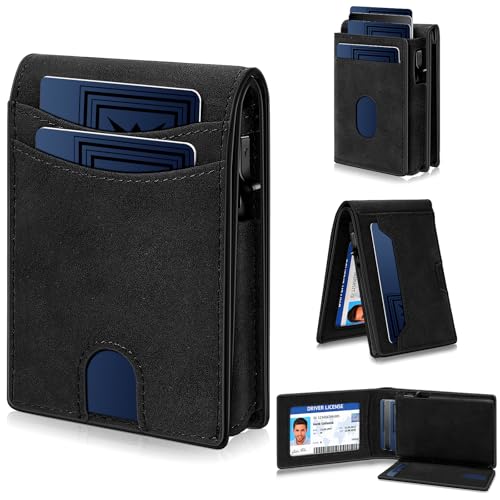 Genuine Leather Wallet for Men Pop-Up Magnetic Card Holder RFID Blocking Slim and Functional Design Black (Black)