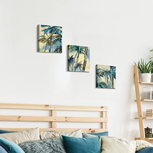 Summer Melody Palm Tree Canvas Wall Art: Bathroom Coconut Leaf Painting Print Bedroom Hawaii Sunset Ocean Beach Picture Abstract Tropical Seascape Artwork 3 Piece Colorful Coastal Scenery Wall Art #TOP2