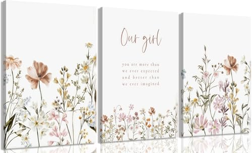 Image of 3 Pcs Wildflower Canvas Wall Art Girl Nursery Wall Decor Flower Print picture Floral Botanical Painting artwork for Baby Girl Nursery Decor Inspirational Wall Art Office Decoration,12x16in