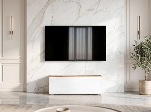 AXLIVING Barvo 100 Meuble TV Bas sur Pied Marron/Blanc Brillant