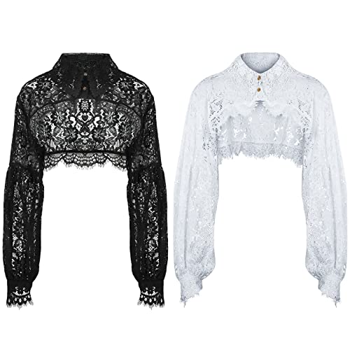 2 Pack Fake Collar Detachable Dickey Blouse Sun Protection Lace Half Shirt Blouse Flower Embroidery False Collar Long Lantern Sleeve Crop Top for Women Ladies Girls Favors