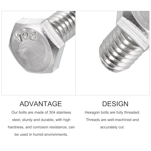 Image of METALLIXITY Hex Head Bolts (1 /4-20 x 1 /2 inch) 5Pcs, 304 Stainless Steel 18-8, Fully Threaded, External Hex Drive, Plain Finish, Hex Head Screw Bolt, Silver