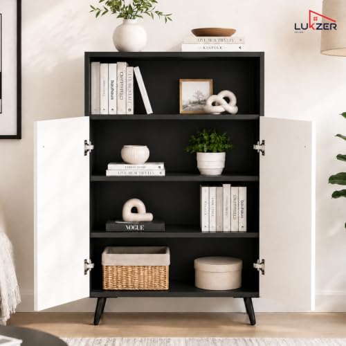 Image of Lukzer Wooden Book Shelf & Storage Cabinet with White Doors (MR-034 /Black) Engineered Wood Bookshelf for Home, Bedroom, Office & Kitchen, Multipurpose Books Organizer & Display Rack (90x30x60 cm)