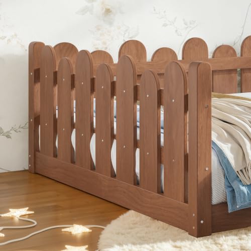 Image of Bellemave Full Size Kids Montessori Floor Bed,Floor Bed Frame with Rounded Safety Guardrail,Solid Wood Montessori Bed for Girls Boys,Brown
