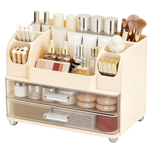 ZPONEED Organizer na kosmetyki do makijażu z 2 szufladami, wielofunkcyjny organizer na toaletkę