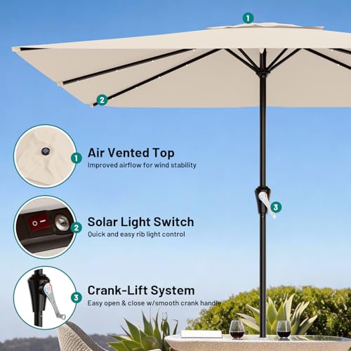 Image of AreShark 8' X 10' Rectangular Patio Umbrella with Solar Lights, Lighted Solar Umbrella with Crank, Outdoor Table Umbrella for Garden, Deck, Backyard, Pool and Beach, Cream-White