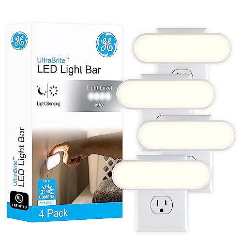 GE Ultrabrite LED Light Bar, 100 Lumens, 4 Pack, Dusk-to-Dawn Sensor, Auto/On/Off Switch, Plug-in, Night Light, Ideal for Dark Spaces, Bedroom, Bathroom, Kitchen, Hallway, Garage, White, 62459