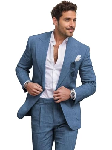 RDACZU 2 Piece Dusty Blue Linen Suits for Men Formal Slim Fit Mens Linen Suit Groomsmen Suit for Summer Beach Wedding Size S