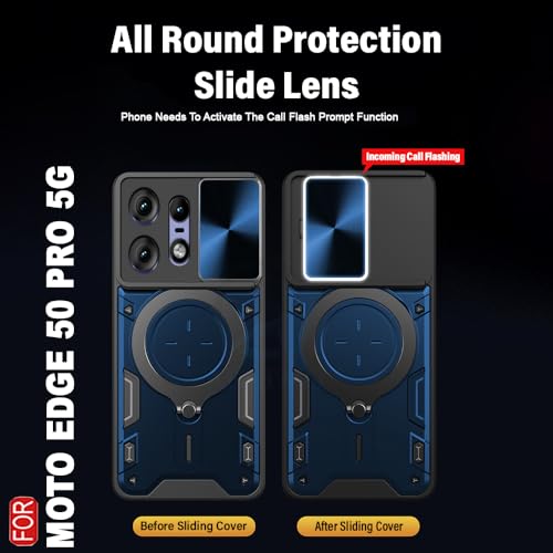 Image of AESTMO Armor Motorola Moto Edge 50 Pro 5G Bumper Back Case Cover | Ring Holder & CD Pattern Sliding Camera Shutter Cover | Back Case Cover for Motorola Moto Edge 50 Pro 5G (Blue)