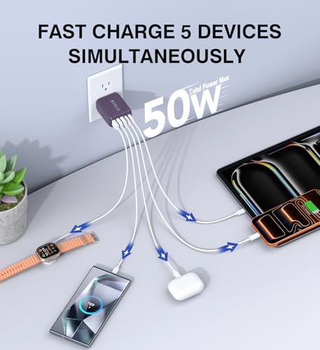 Image of 50W 2-Pack USB C Wall Charger Block, 5-Port C Charger Fast Charging Block PD Power Adapter +QC Multiport Type C Box Brick Cube USB A Wall Plug for iPhone 14 /15 /16 /17 Pro Max,Samsung Galaxy(Purple)