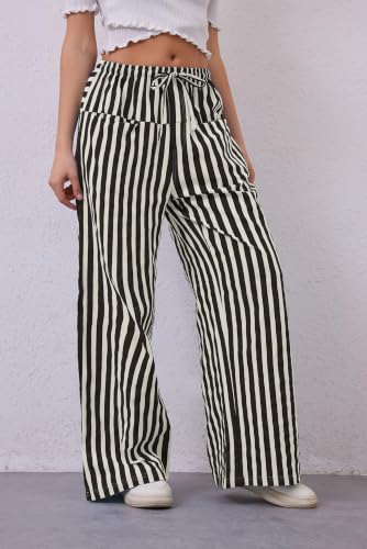 Image of MISSACTIVER Women Drawstring Striped Pants Loose Fit Wide Leg Trousers Casual Low Waist Pants Comfy Lounge Pants with Pockets Black White
