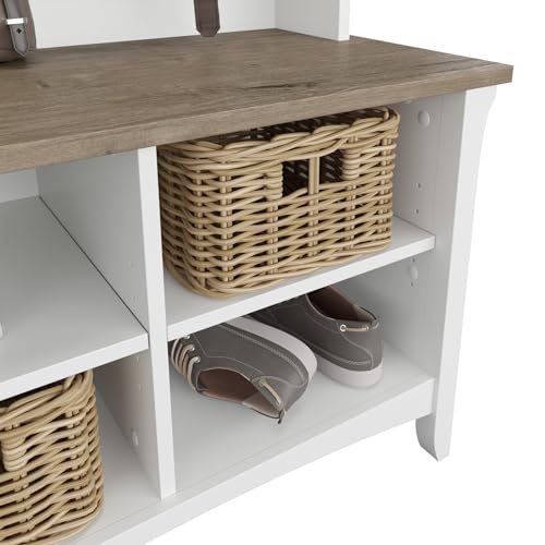 Image of Bush Home Salinas Hall Tree with Shoe Storage Bench in Shiplap Gray and Pure White, Multi-Purpose Home Organizer, Entryway Solution with Seating and Hooks