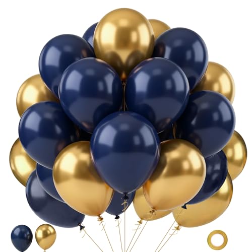 Image of Navy Blue and Gold Balloons, 65pcs 12inch Blue and Gold balloons for Anniversary Wedding New Year Birthday Party Graduation Decorations.