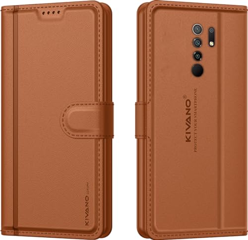Image of KIVANO LUXE Compatible for Redmi 9 Prime /Poco M2 Luxury Handmade Leather Magnetic Flip Folio Case | Card Holder & Kickstand | Slim Protective Cover | Unisex - Brown