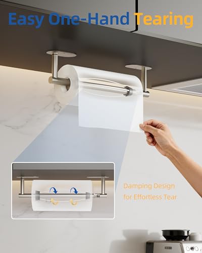 Image of RUACQ Paper Towel Holder Under Cabinet, One Hand Tearing Paper Towel Holder with Damping Effect, Wall Mount & Adhesive Stainless Steel Paper Roll Holder for Kitchen Bathroom (Sliver)