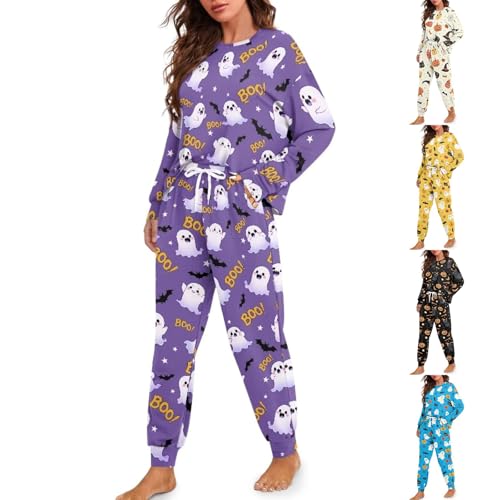 Generisch HUIFUAO Halloween-Pyjama-Set für Damen, Kürbis-Geistdruck, Nachtwäsche, lustige Halloween-Kostüme, 2-teilig, langärmelig, Oberteil und...