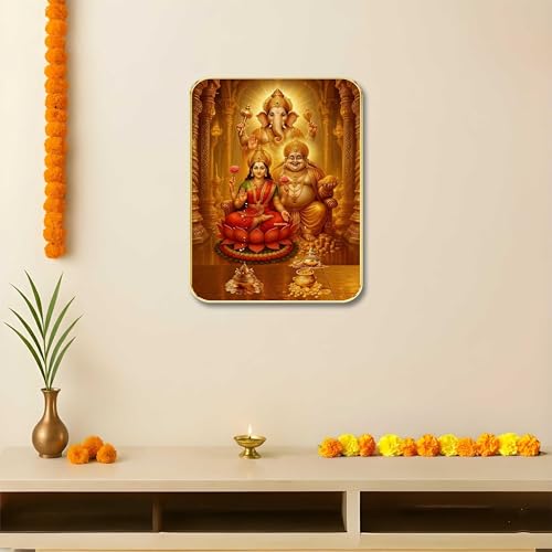 Image of SAF Ganesha Lakshmi Kubera Wall Art with Table Top Stand & Wall Hanging Hole | Premium MDF Religious Painting for Home Mandir Vastu Decor