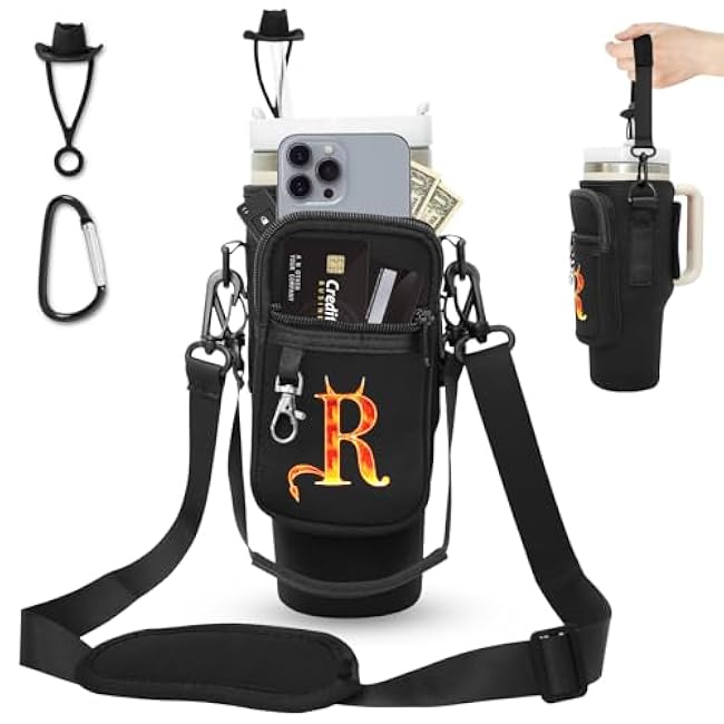 Sunegg Initial Water Bottle Carrier Bag for Stanley 40 oz Tumbler with Handle, Water Bottle Holder Pouch with Phone Pocket, Straw Cover & Carabiner, Nice Accessories for Stanley Cup(Black R)