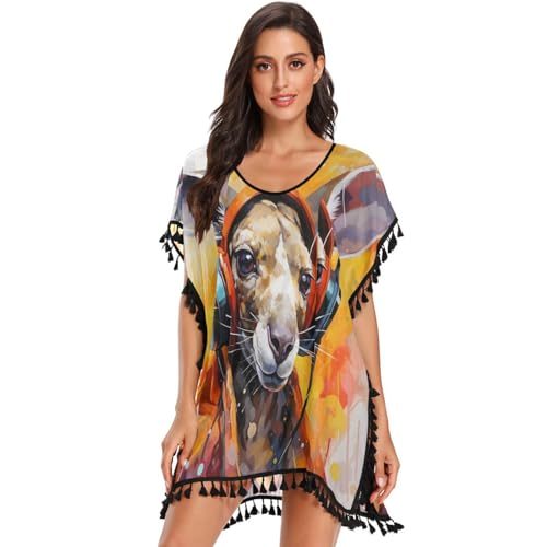 Watercolor Kangaroo Abstract Women's Beach Cover Up Chiffon Tassel Swimwear Swimsuit Coverups for Girl