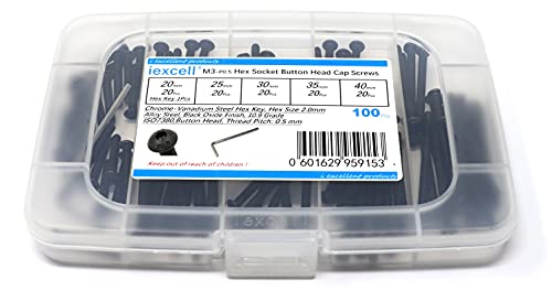 iexcell 100 Pcs M3 x 20/25/30/35/40 Alloy Steel 10.9 Grade Hex Socket Button Head Cap Screws Bolts Assortment Kit, Black Oxide Finish