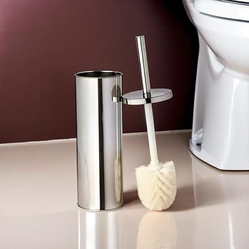 Premier Housewares Toilet Brush & Holder | Chrome Metal Toilet Set | Attached Lid Cleaner | Free Standing Loo Reflective with White Bristles - Image 3