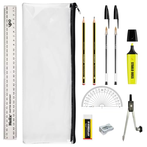 Alimos GCSE Complete Exam Stationery Bundle Set Bundled With Bic Pens Geometry Set & Clear Exam Pencil Case Back To School Kit