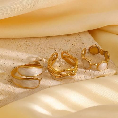 Chunky Gold Rings For Women, Stainless Steel White Two Tone Ring Trendy Stackable Fake Engagement Promise Statement Jewelry Gift3