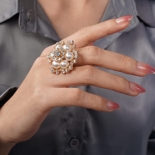 Yertter Boho Gold Oversized Pearl Rhinestone Crystal Flower Ring Women Statement Ring Adjustable Ring Boho Pearl Ring Vintage Finger Knuckle Ring Gift For Women Girls (Small) #TOP3