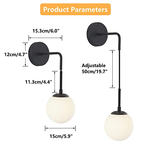 Image of KCO Lighting Frosted White Glass Wall Sconce Set of Two Black Globe Ball Wall Light Adjustable Cord Industrial Vanity Wall Lamp for Bathroom Mirror Bedside Stairs (White)