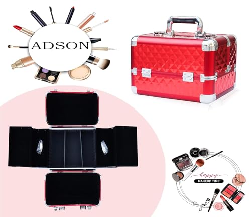 Image of Adson Professional Makeup Box Cosmetics Case Jewelry Organiser Vanity Make Up Storage Box Beauty Train Case Lockable with Keys (Candy Red)