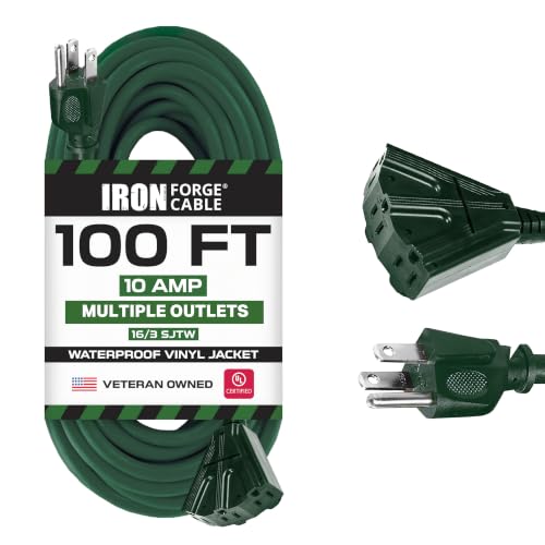 Iron Forge Cable 100ft Green Outdoor Extension Cord with 3 Outlets - 16/3 SJTW 100ft Extension Cord 3 Prong 10 Amp All-Weather Heavy Duty Power Cable
