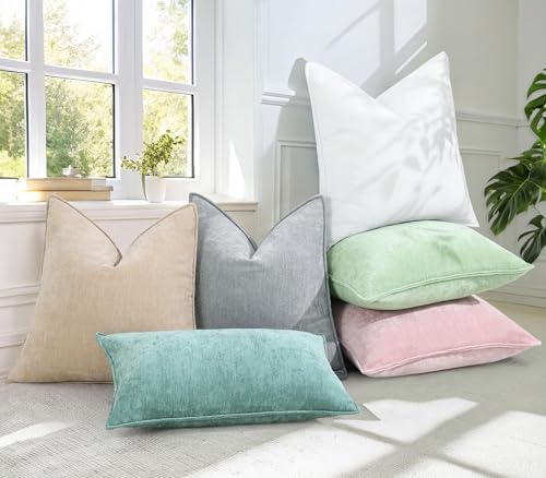 decorUhome Couch Throw Pillow Covers 18x18 Set of 2, Decorative Soft Euro Neutral Chenille Pillow Covers with Elegant Design for Sofa Bed Living Room Home Decor, Beige