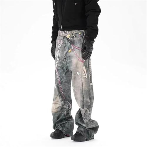 Men's High Street Jeans, 3D Chain Printing Contrast Color, Casual Straight Leg Wide Leg Denim4