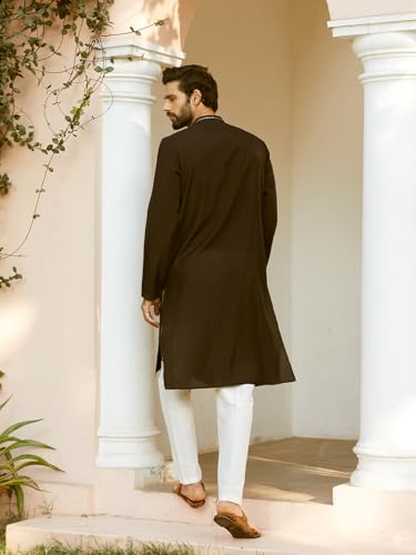 Image of See Designs Men Full Sleeve Chanderi Silk Sequins Mandarin Collar Side Slit Kurta
