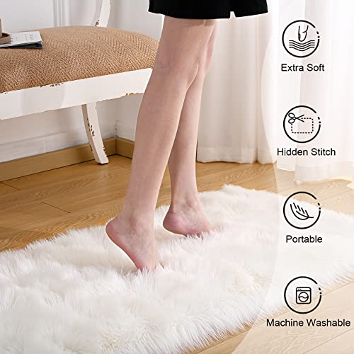 Rtizon Faux Fur Runner Rug, 2 X 6 Feet White Fluffy Sheepskin Washable Rug For Girls Bedroom Living Room Floor Cushion Home Decor Bedside Carpet, Furry Chair Cover Seat Pad Mat #TOP1